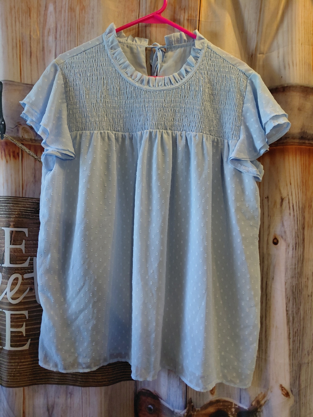 Amazon Light Blue Ruffled Swiss Dot Blouse